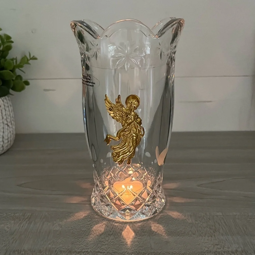 VTG Teleflora Heavy Bohemian Lead Crystal Hurricane Candle Holder Golden Angel